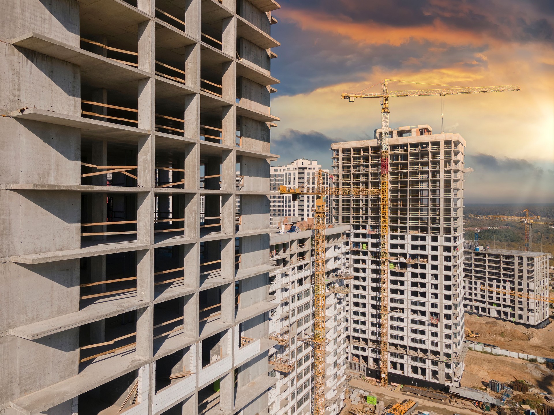 Aerial view at construction site on the sunset